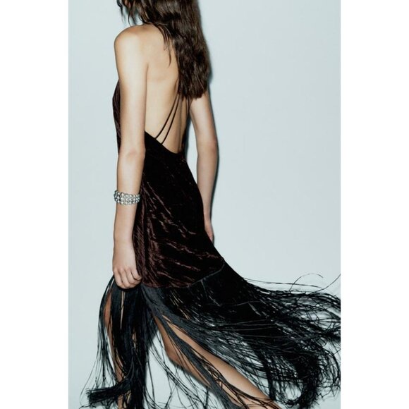 ZARA VELVET FRINGED MIDI DRESS - Picture 7 of 11